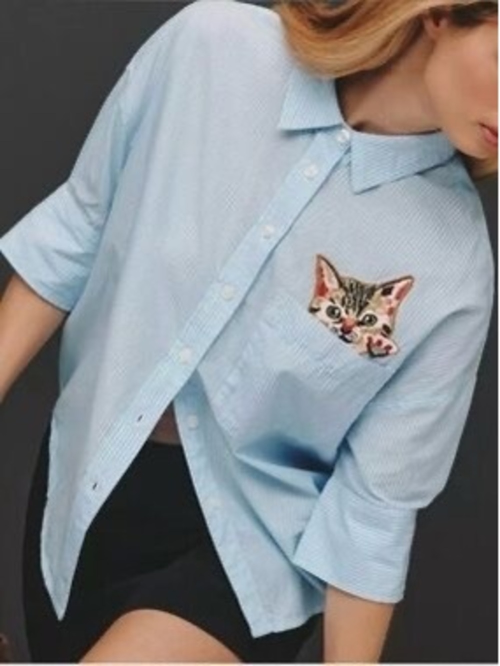 Anthropologie Mabel Embroidered Cat Pocket Oxford Shirt Small